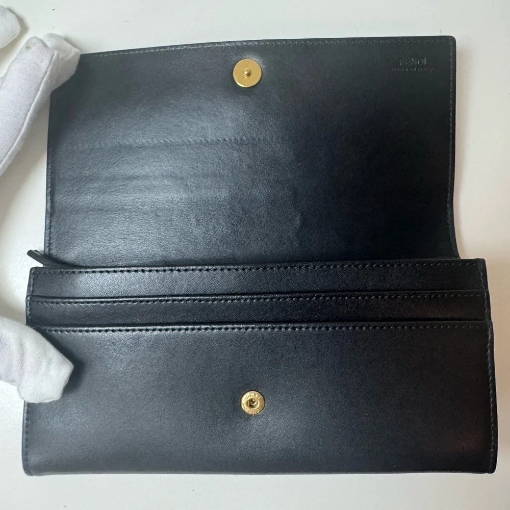 Fendi Women’s Black Long Leather Wallet with Gold Accent